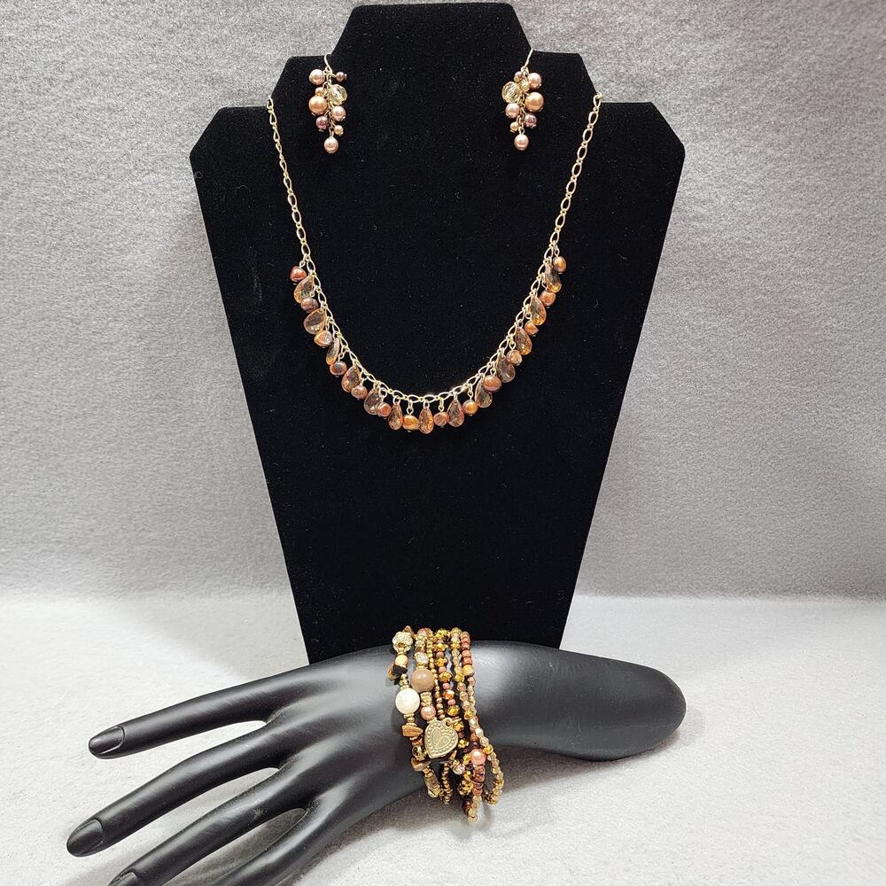 Brown Amber Beaded Necklace, Earrings & Bracelets Set Cookie Lee Vintage 1990's